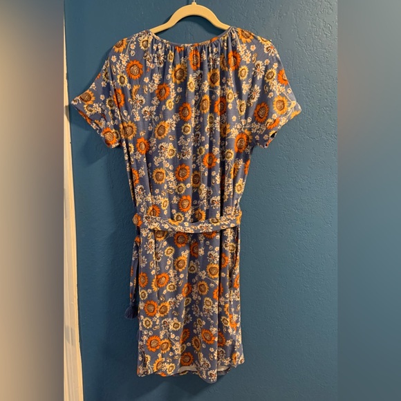 J. Jill Sunflower Knit Henley Dress Blue Orange Floral Tie Waist Tassels Medium - Picture 12 of 12